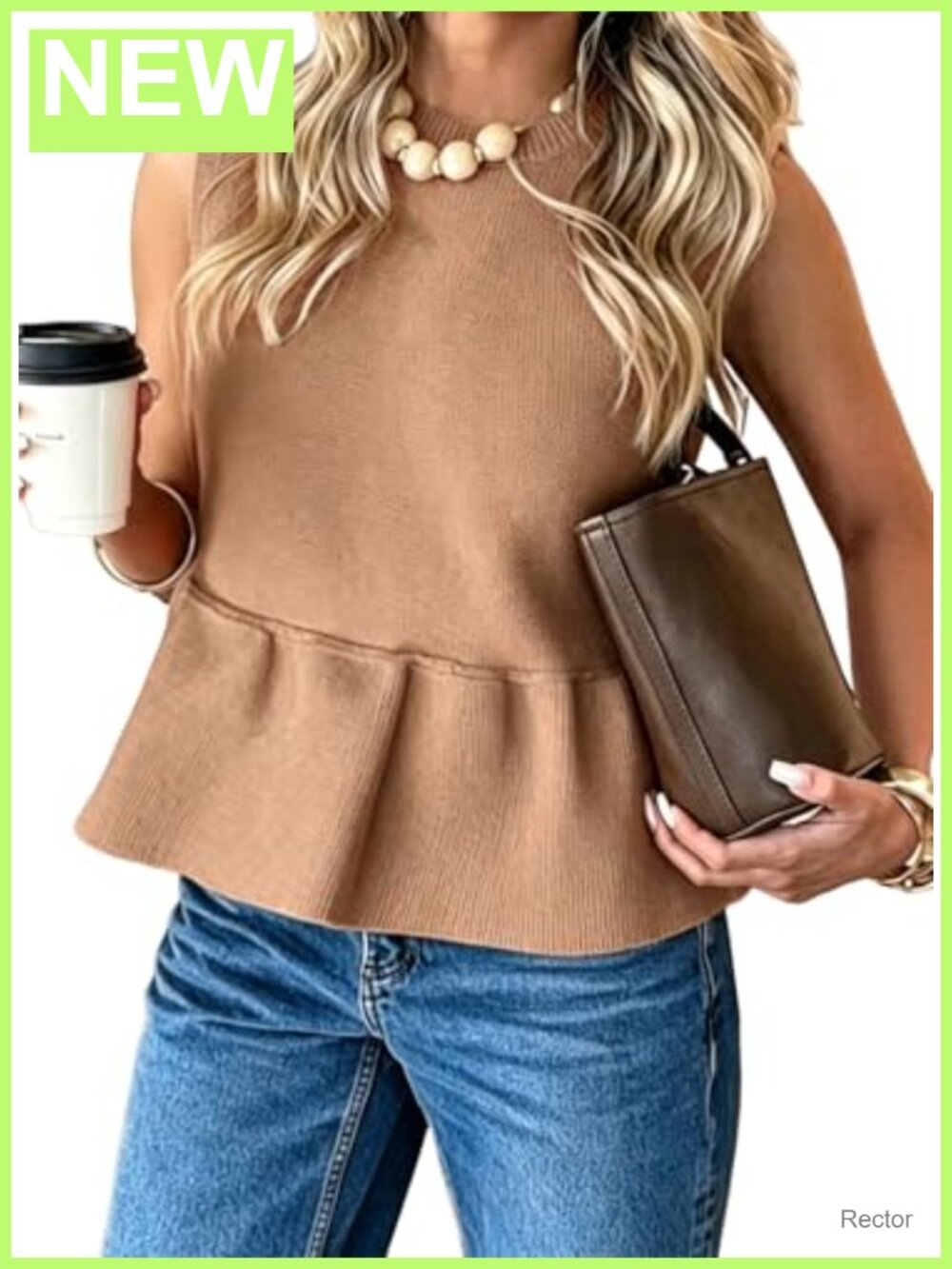 Sleeveless Peplum Sweater Vest Nylon Viscose Knit Ruffle Hem Top